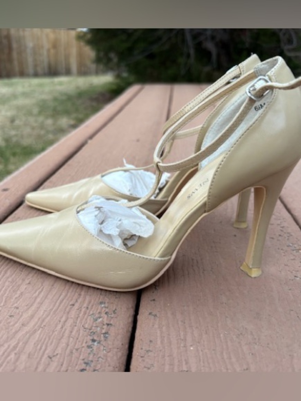 Newport News leatherT-straps beige high heels sz 6.5 worn once